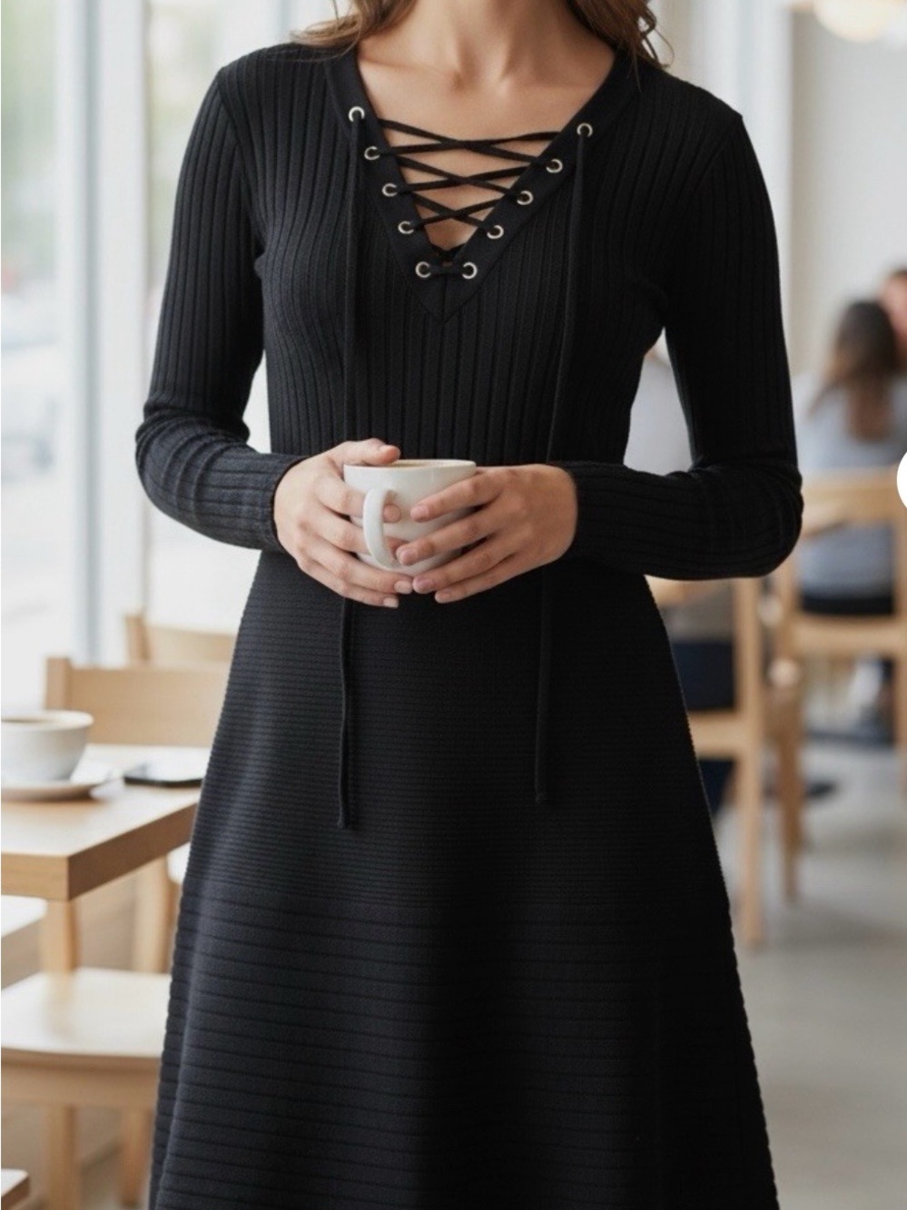 Nina Leonard Lace-Up Ribbed Knit Black Dress